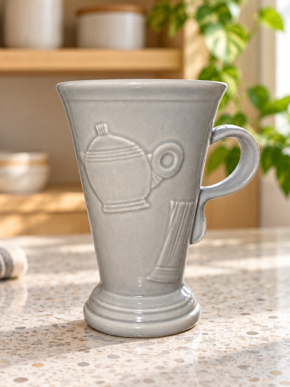 Fiesta Pearl Gray Embossed Teapot Design Pedestal Coffee Mug 18 oz Discontinued